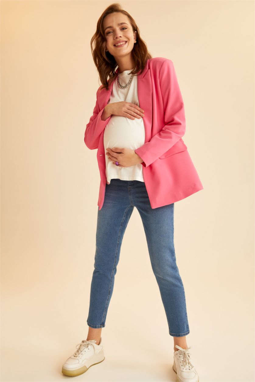 Kadın İndigo Boyfriend Yüksek Bel Yırtık Detaylı Hamile Jean Pantolon