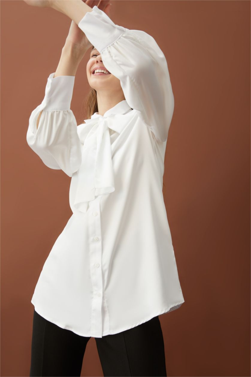 Kadın Ekru Regular Fıt Saten Uzun Kollu Tunik