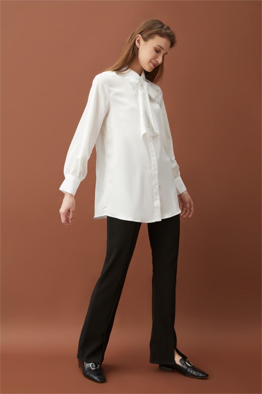 Kadın Ekru Regular Fıt Saten Uzun Kollu Tunik