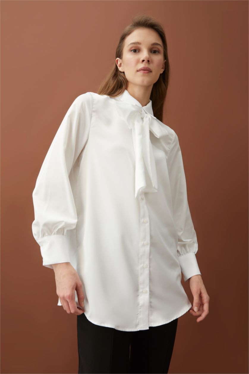 Kadın Ekru Regular Fıt Saten Uzun Kollu Tunik