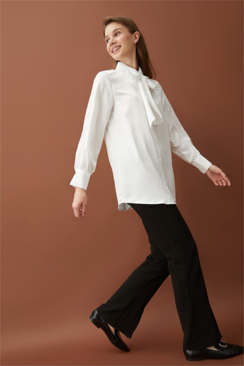 Kadın Ekru Regular Fıt Saten Uzun Kollu Tunik