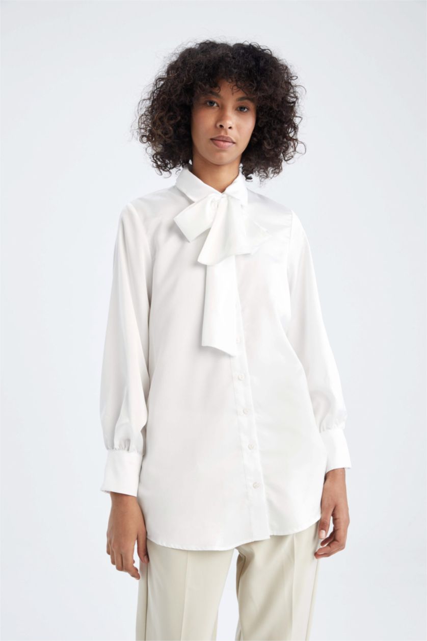 Kadın Ekru Regular Fıt Saten Uzun Kollu Tunik