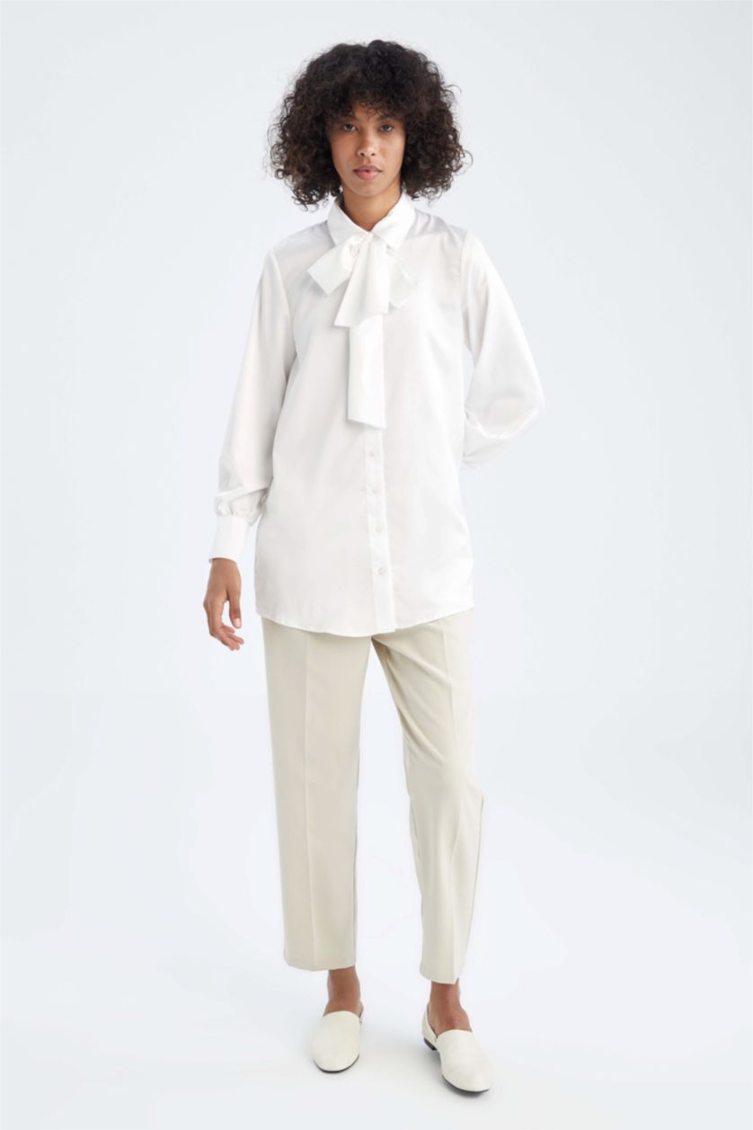 Kadın Ekru Regular Fıt Saten Uzun Kollu Tunik