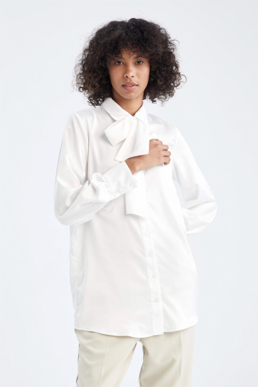 Kadın Ekru Regular Fıt Saten Uzun Kollu Tunik