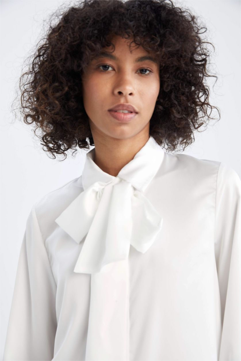 Kadın Ekru Regular Fıt Saten Uzun Kollu Tunik