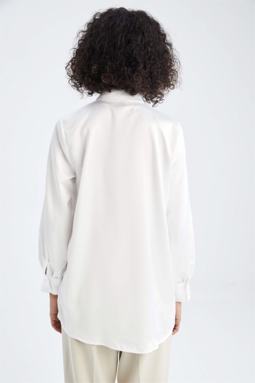 Kadın Ekru Regular Fıt Saten Uzun Kollu Tunik