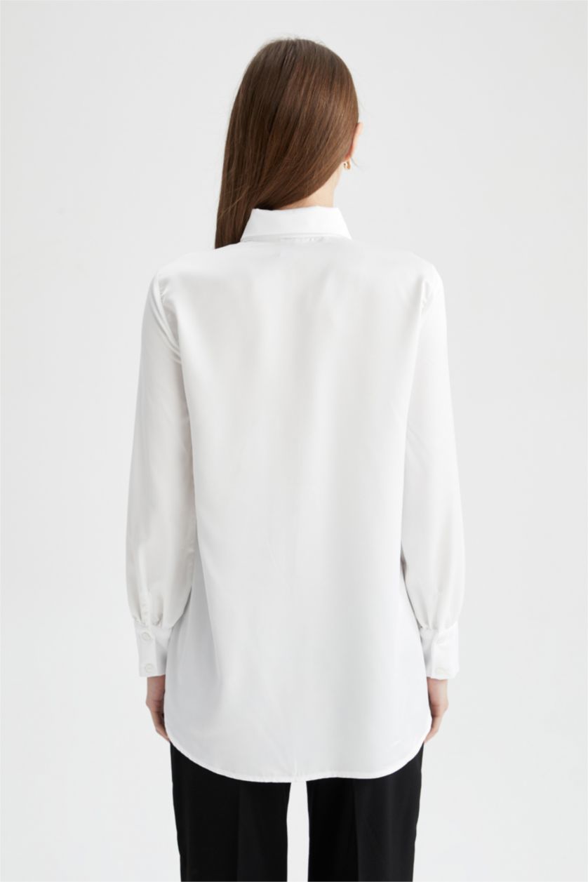 Kadın Ekru Regular Fıt Saten Uzun Kollu Tunik