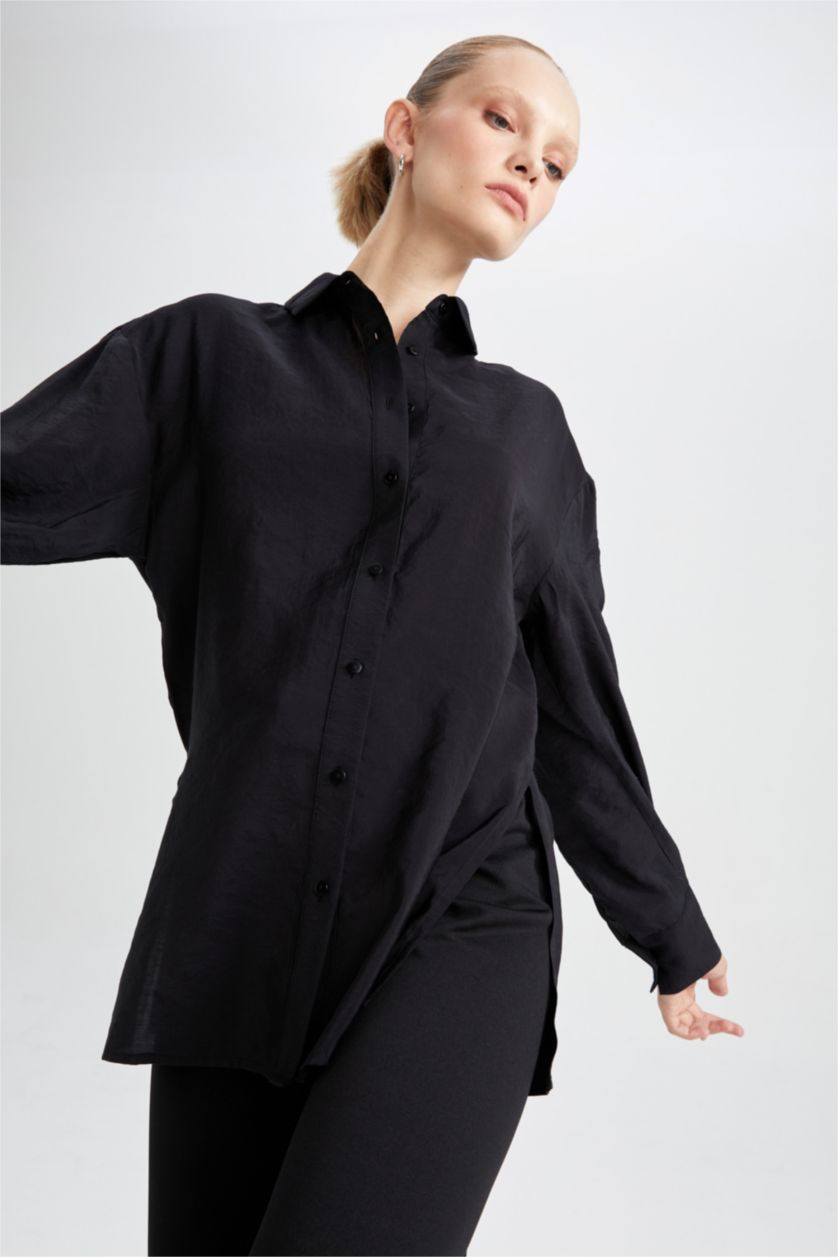 FEMME Noir Tunique chemise à manches longues en tencel avec fentes et coupe oversize