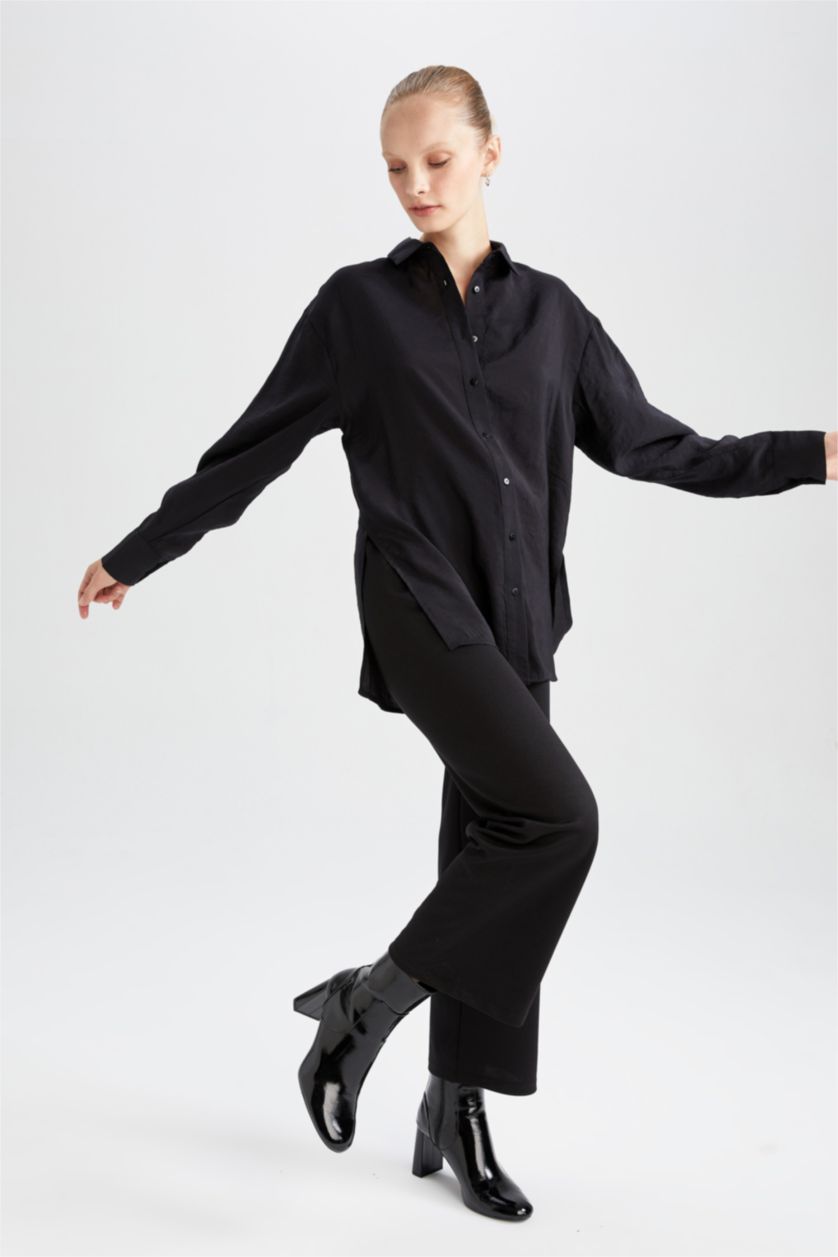 FEMME Noir Tunique chemise à manches longues en tencel avec fentes et coupe oversize