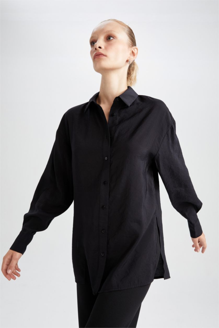 FEMME Noir Tunique chemise à manches longues en tencel avec fentes et coupe oversize