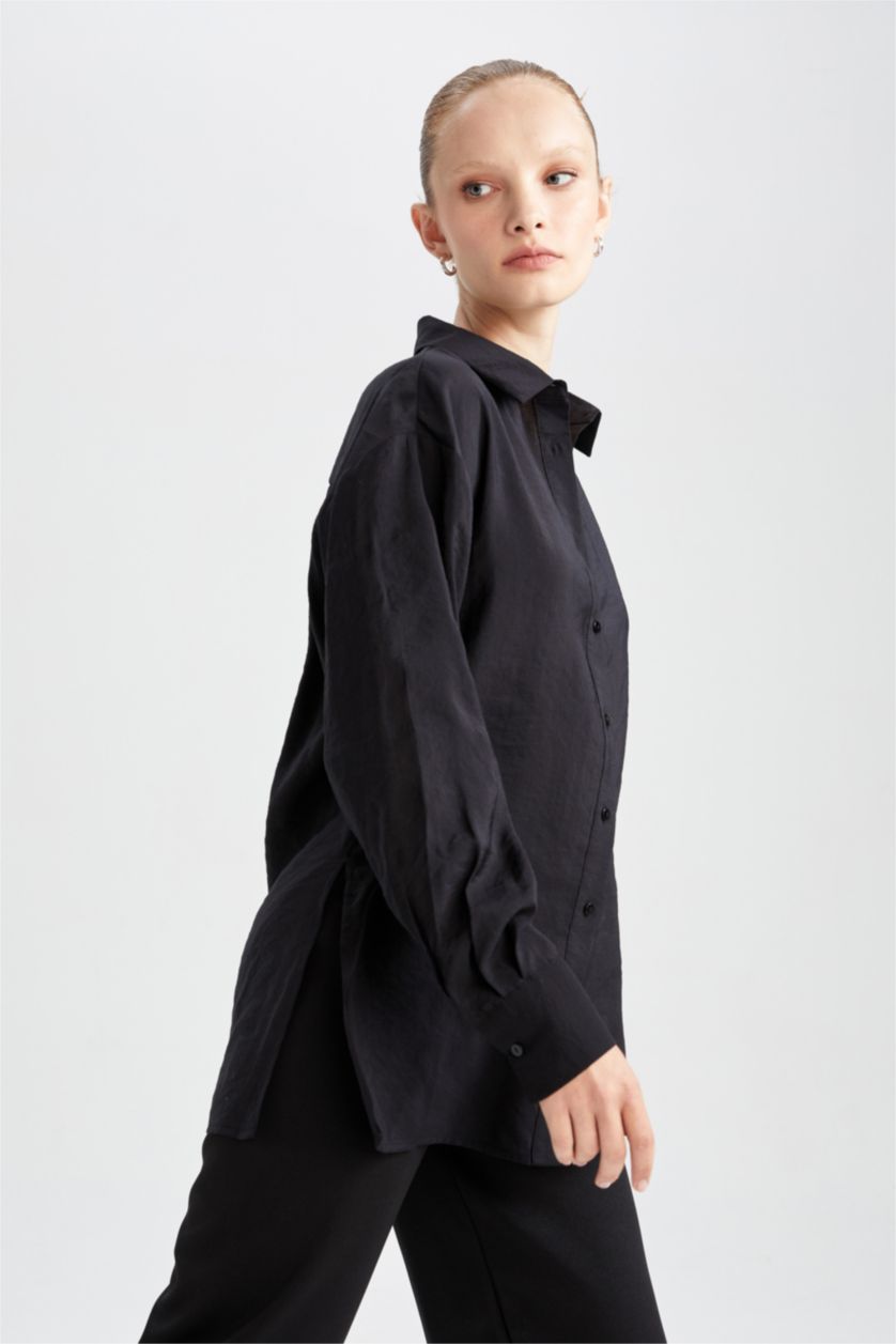 FEMME Noir Tunique chemise à manches longues en tencel avec fentes et coupe oversize