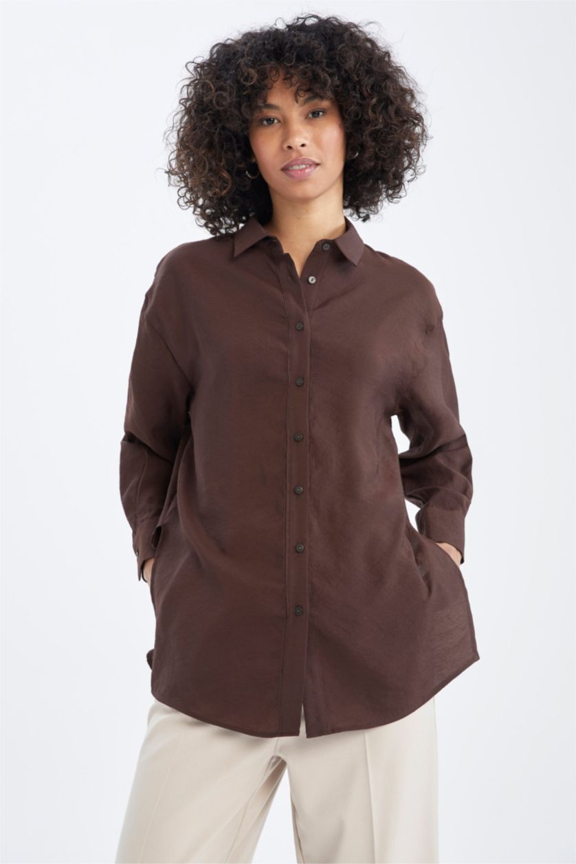 FEMME Marron Tunique chemise à manches longues en tencel avec fentes et coupe oversize