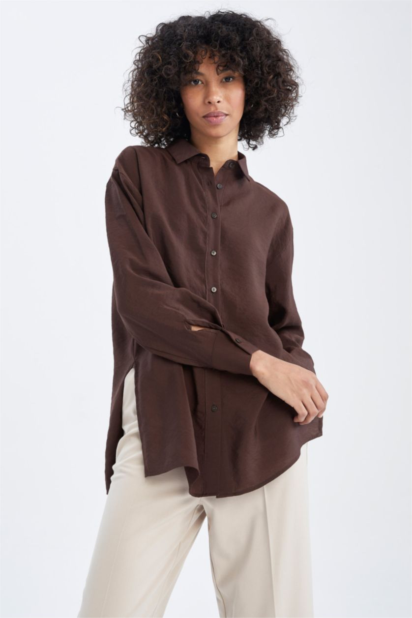 FEMME Marron Tunique chemise à manches longues en tencel avec fentes et coupe oversize