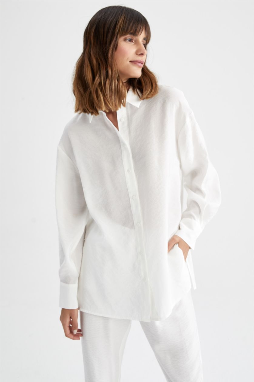 Kadın Ekru Oversıze Tencel Uzun Kollu Tunik