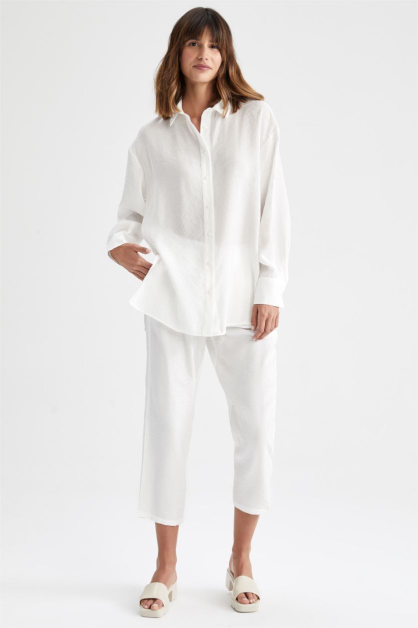 Kadın Ekru Oversıze Tencel Uzun Kollu Tunik