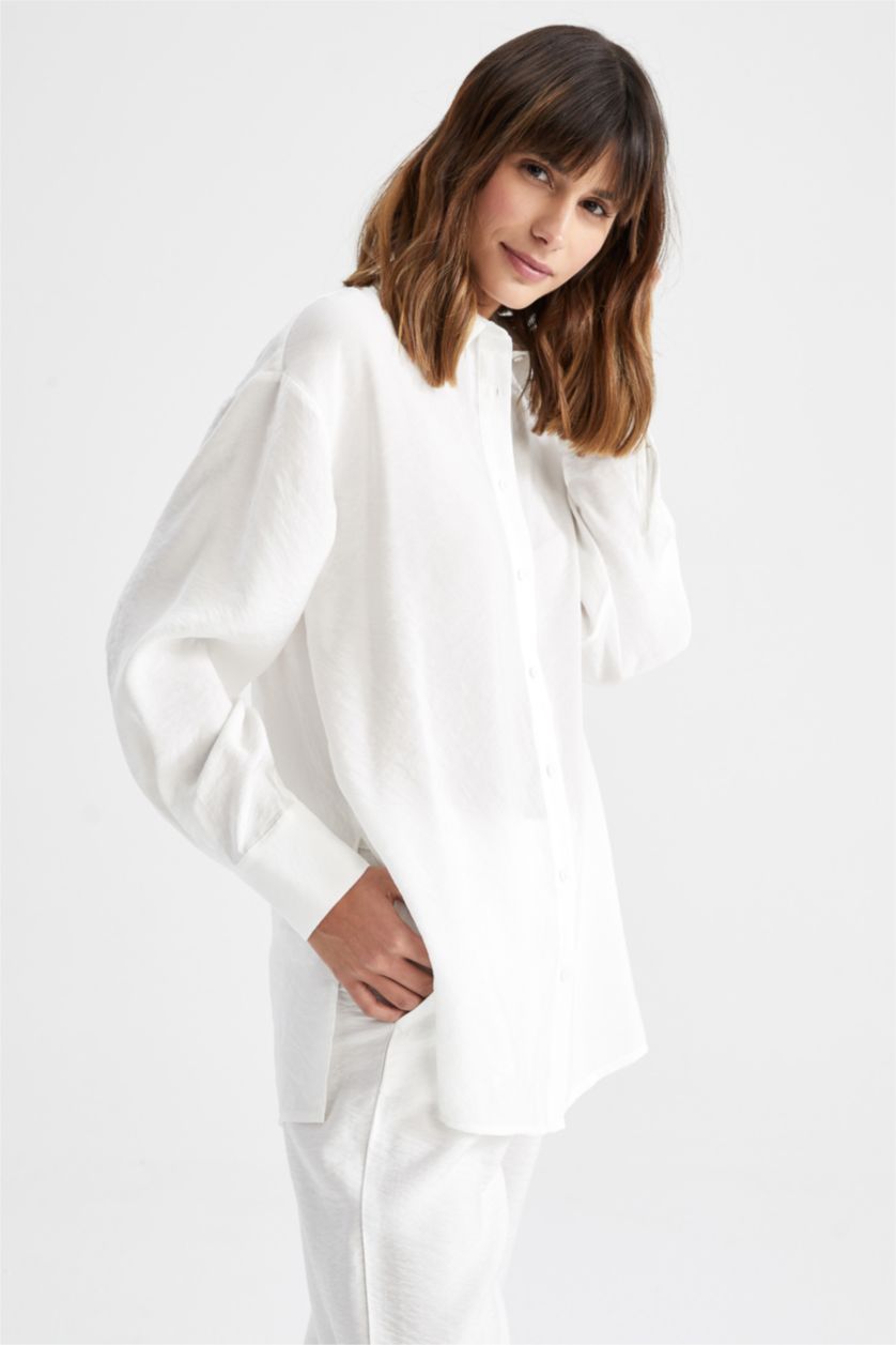 Kadın Ekru Oversıze Tencel Uzun Kollu Tunik