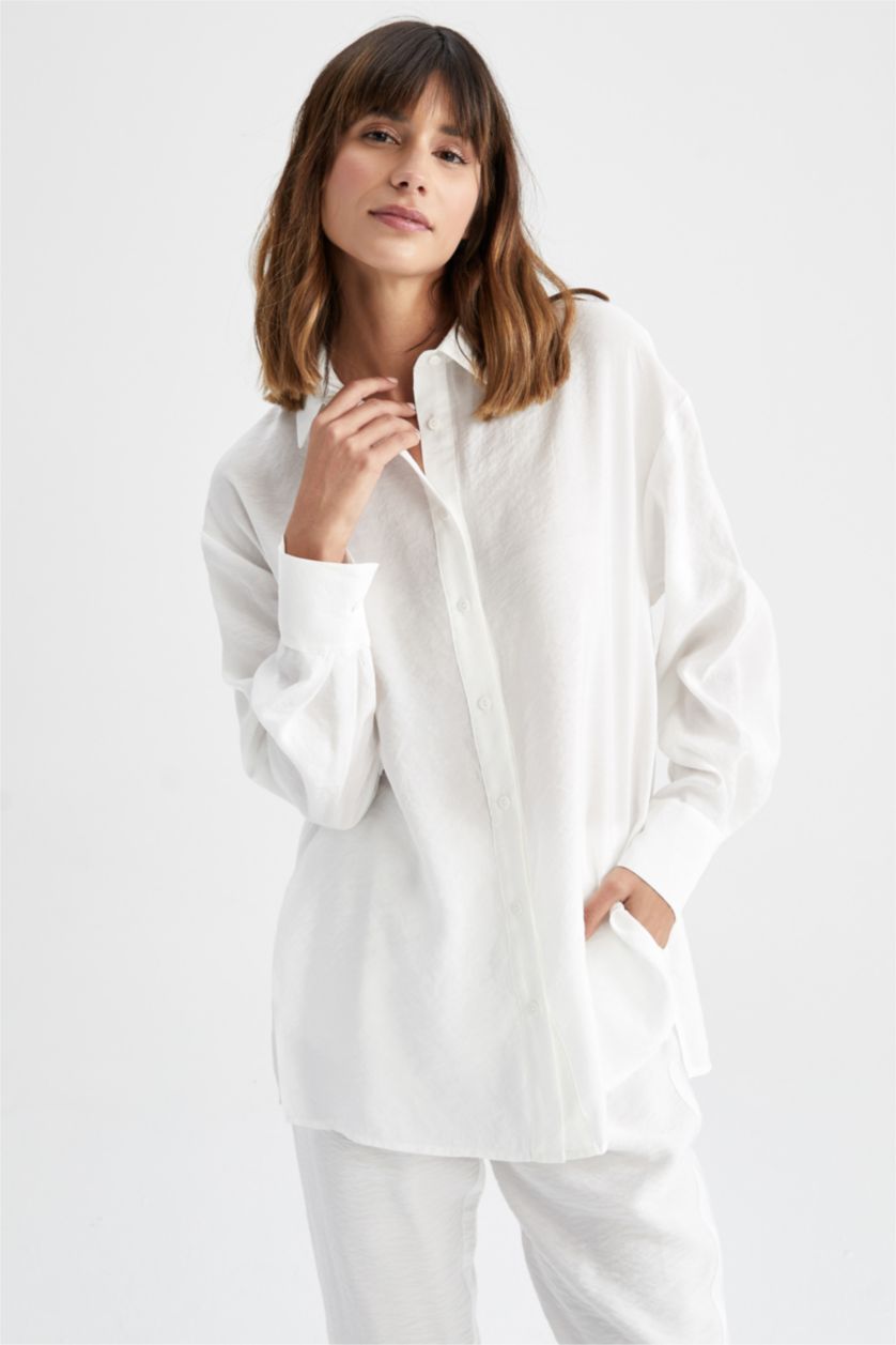 Kadın Ekru Oversıze Tencel Uzun Kollu Tunik