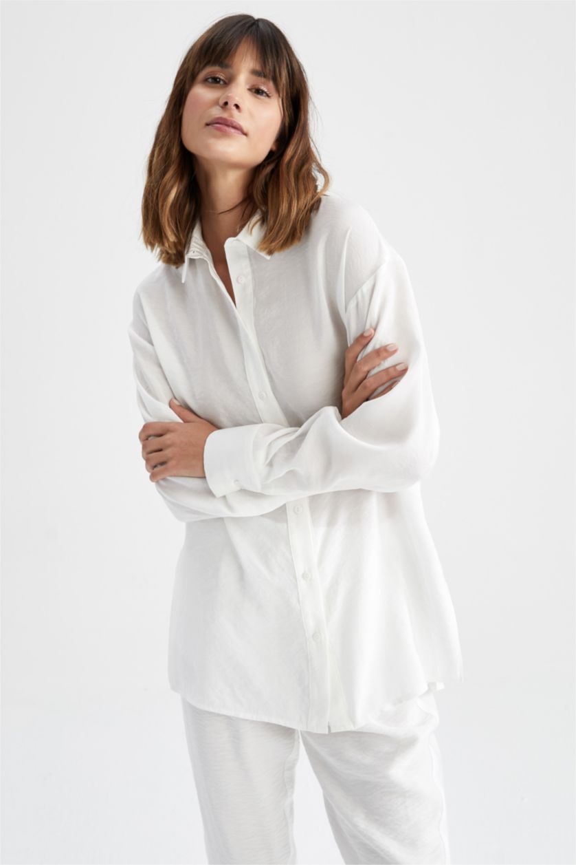 Kadın Ekru Oversıze Tencel Uzun Kollu Tunik