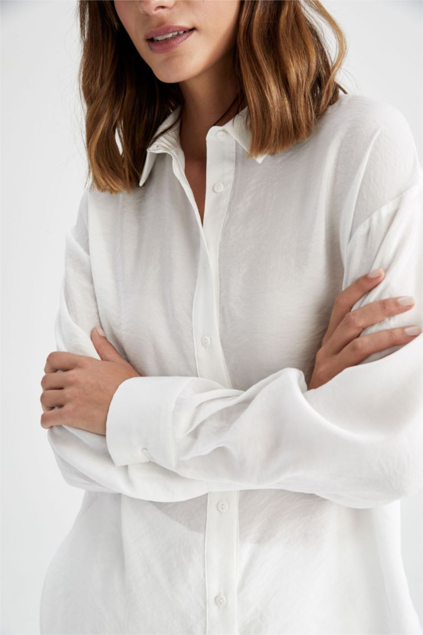 Kadın Ekru Oversıze Tencel Uzun Kollu Tunik