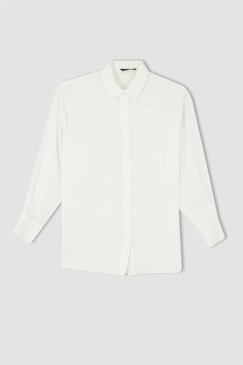 Kadın Ekru Oversıze Tencel Uzun Kollu Tunik