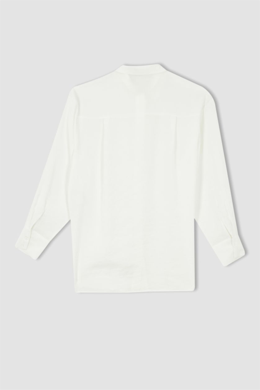 Kadın Ekru Oversıze Tencel Uzun Kollu Tunik