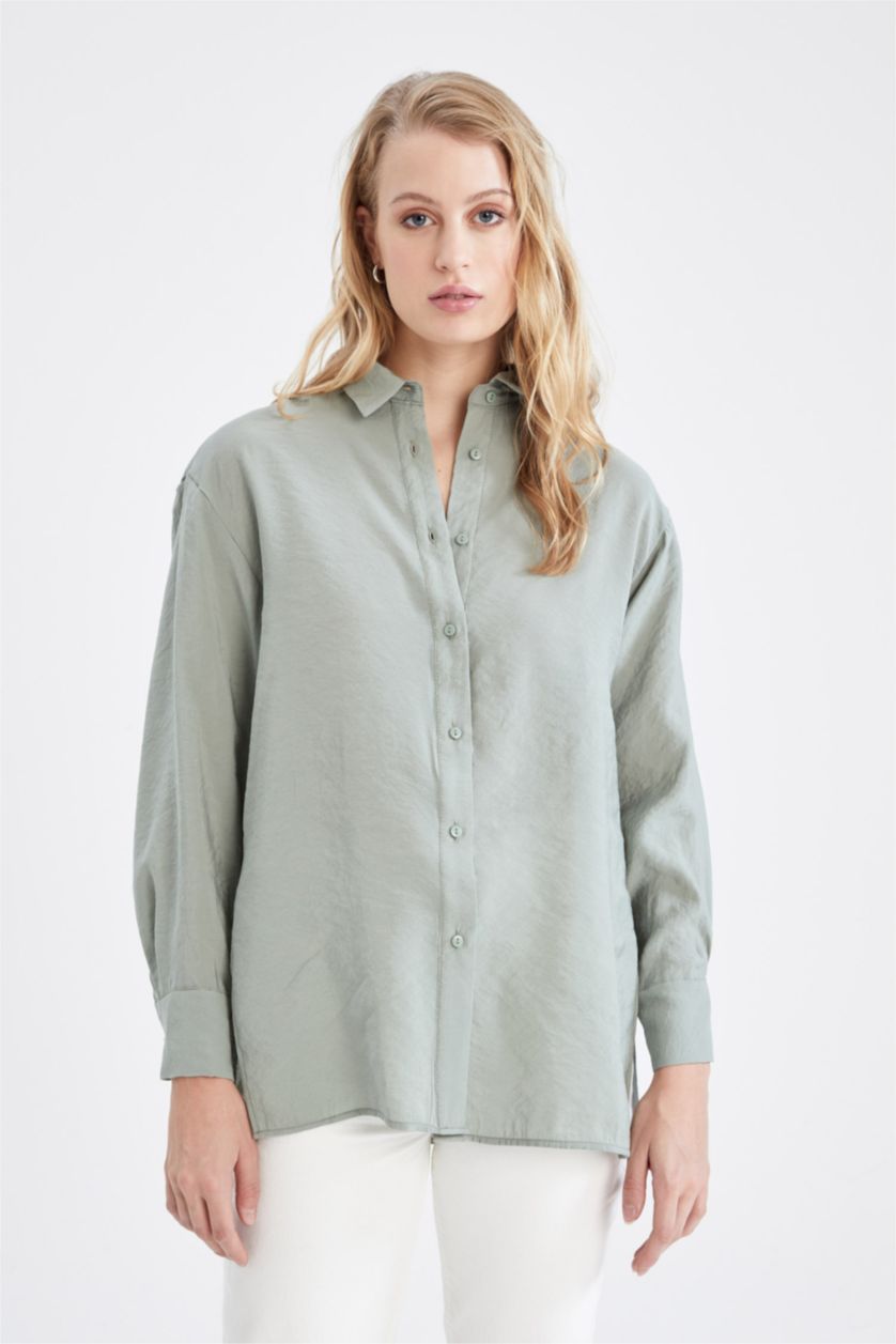 FEMME Bleu Tunique chemise à manches longues en tencel avec fentes et coupe oversize