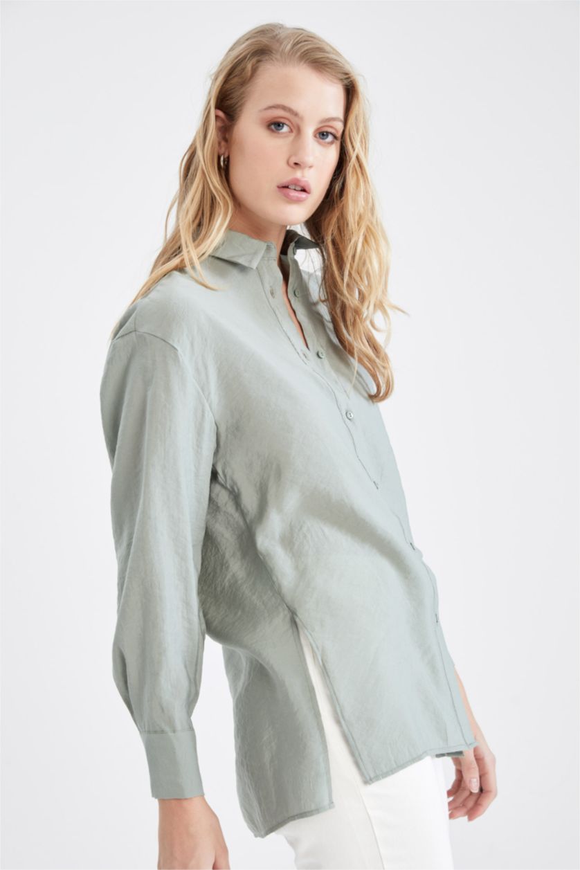 FEMME Bleu Tunique chemise à manches longues en tencel avec fentes et coupe oversize