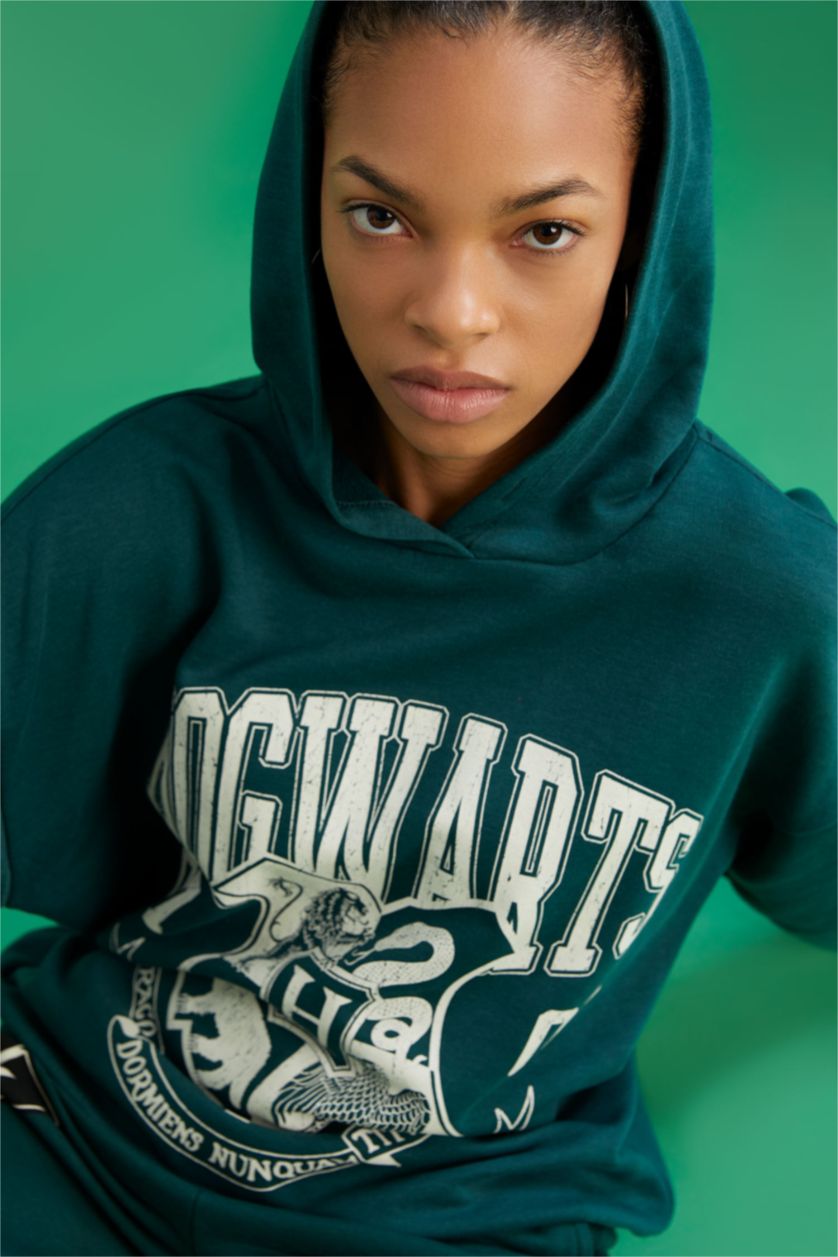 Kadın Yeşil Coool Harry Potter Oversize Fit Kapüşonlu Sweatshirt