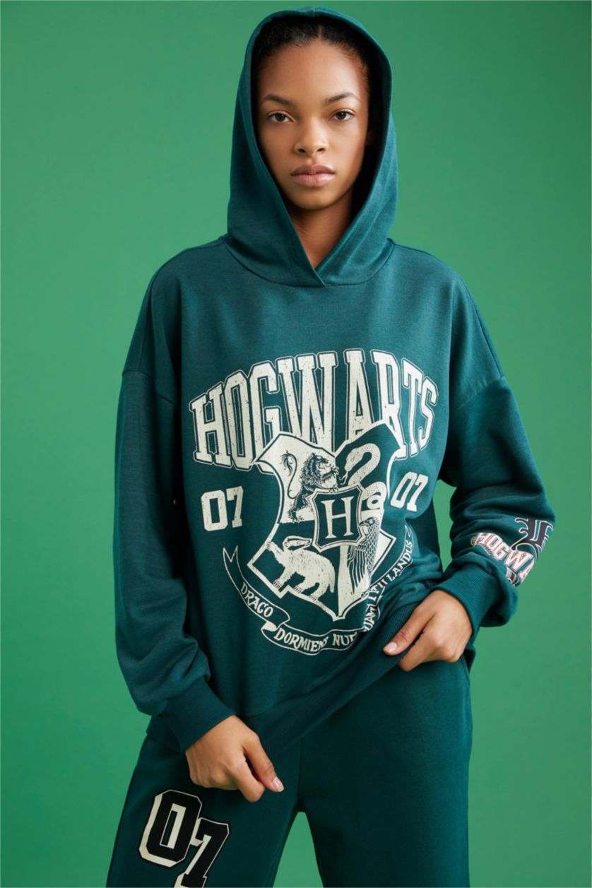 Kadın Yeşil Coool Harry Potter Oversize Fit Kapüşonlu Sweatshirt