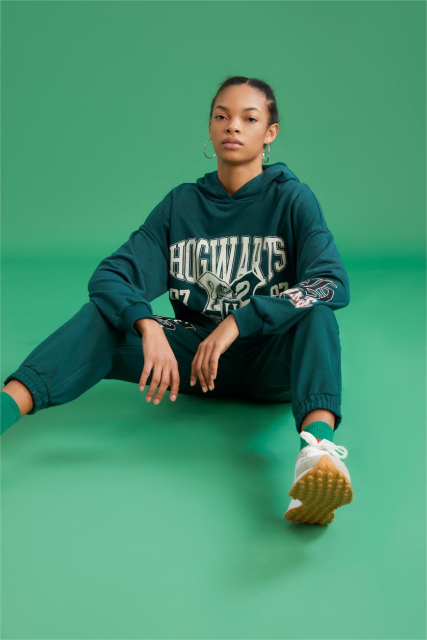 Kadın Yeşil Coool Harry Potter Oversize Fit Kapüşonlu Sweatshirt