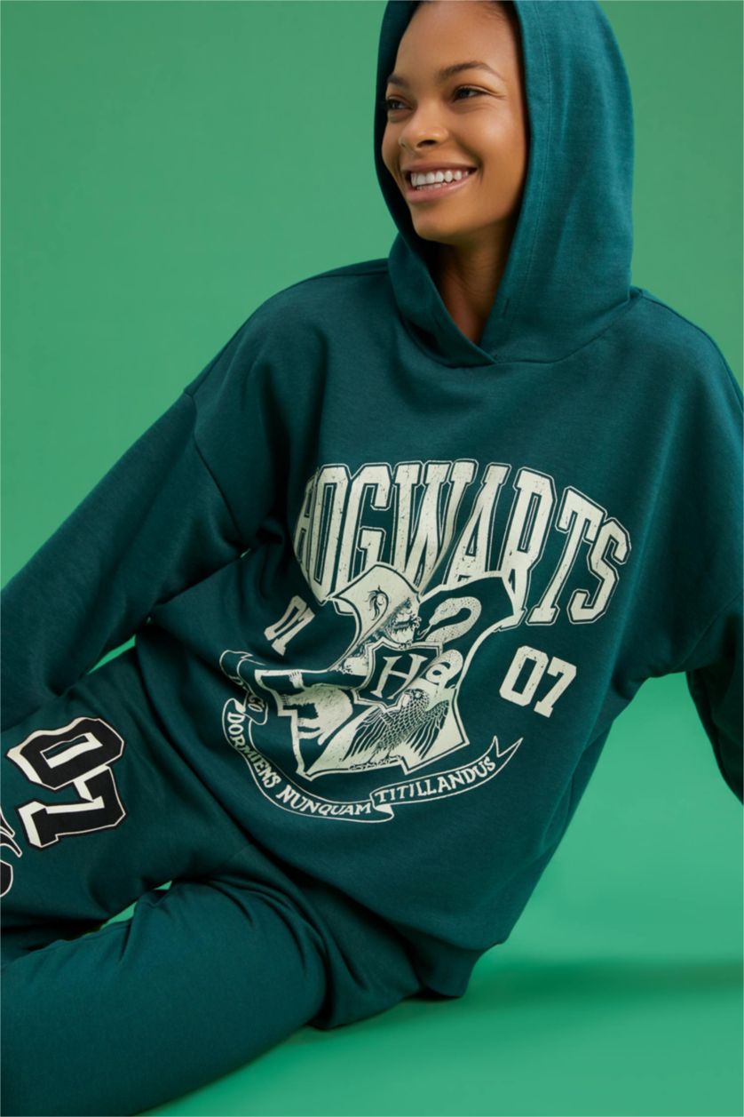 Kadın Yeşil Coool Harry Potter Oversize Fit Kapüşonlu Sweatshirt