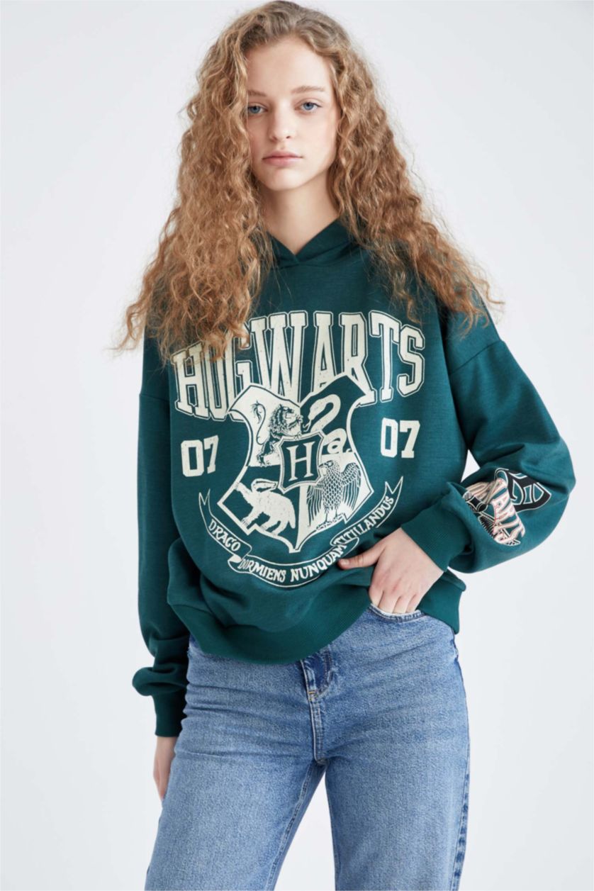 Kadın Yeşil Coool Harry Potter Oversize Fit Kapüşonlu Sweatshirt
