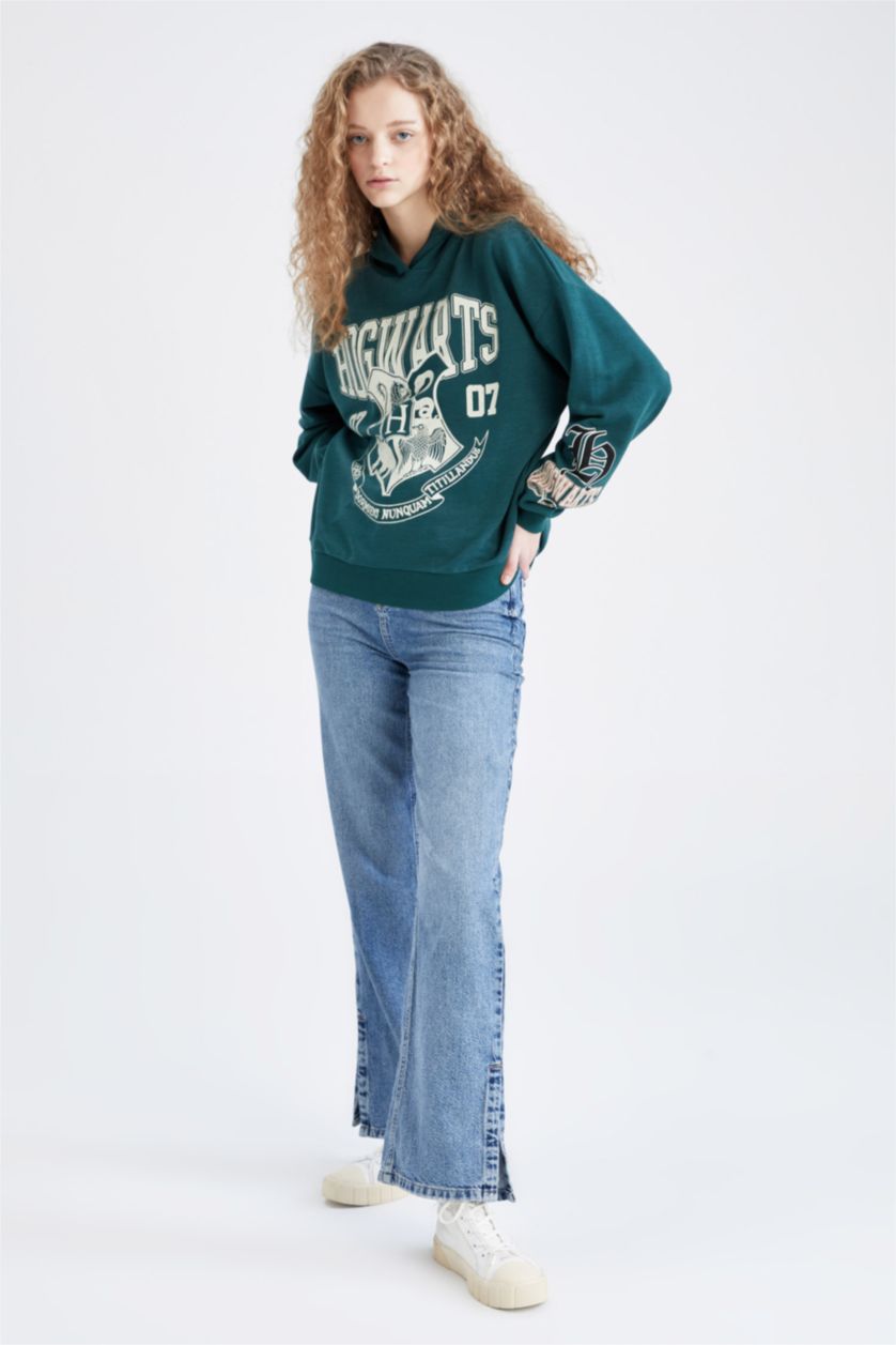 Kadın Yeşil Coool Harry Potter Oversize Fit Kapüşonlu Sweatshirt