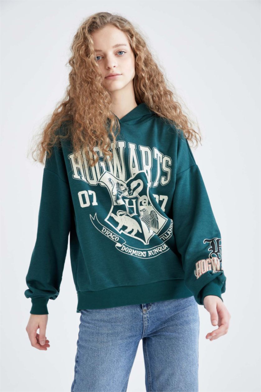 Kadın Yeşil Coool Harry Potter Oversize Fit Kapüşonlu Sweatshirt