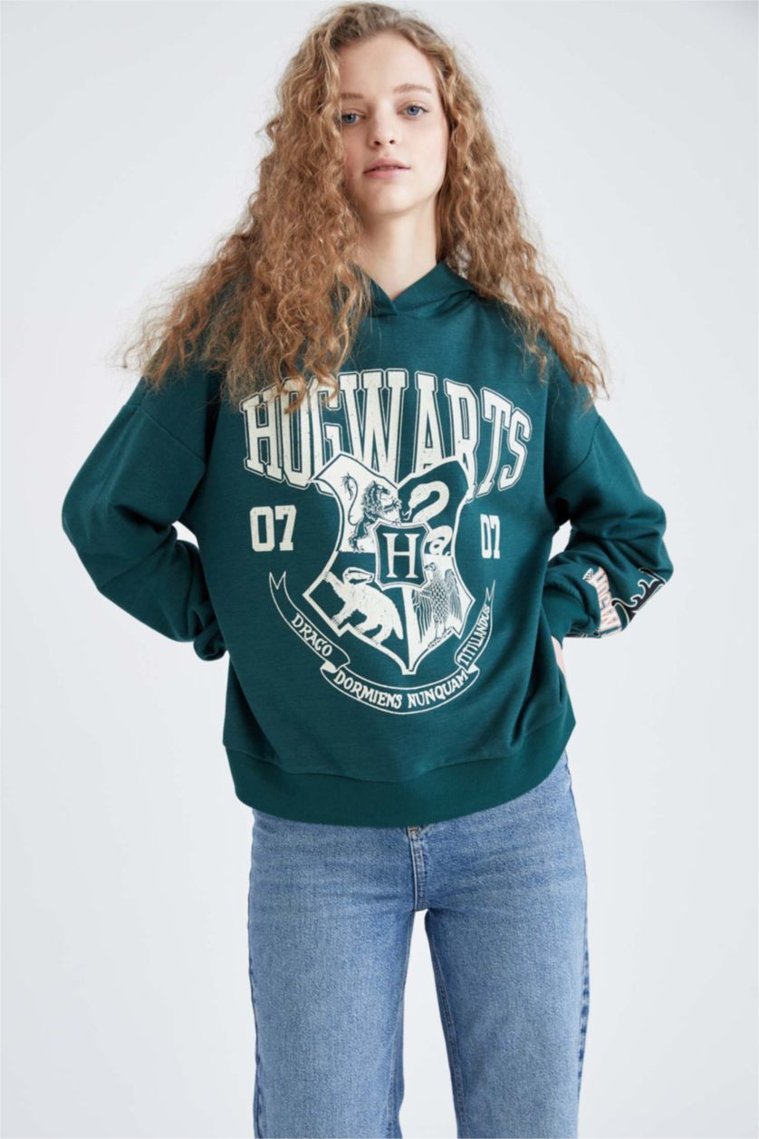 Kadın Yeşil Coool Harry Potter Oversize Fit Kapüşonlu Sweatshirt