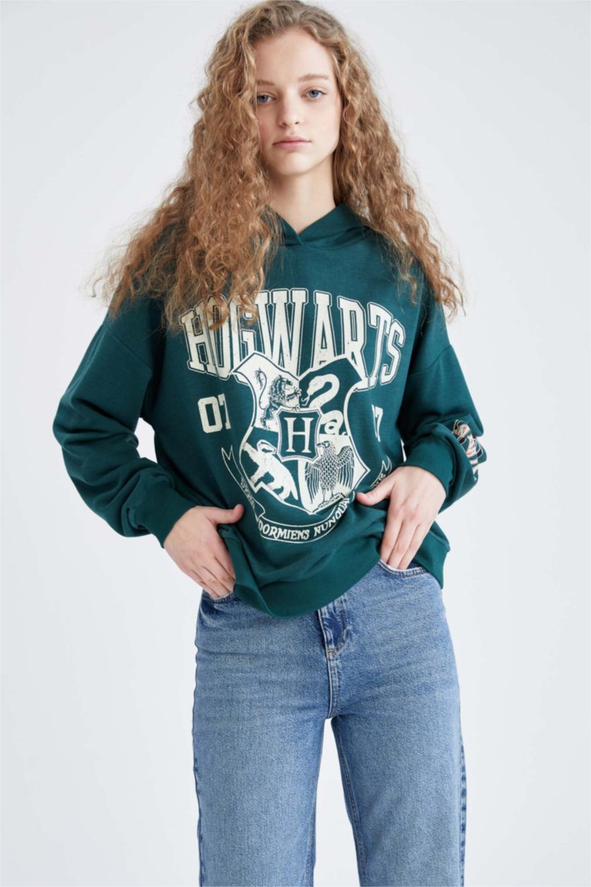 Kadın Yeşil Coool Harry Potter Oversize Fit Kapüşonlu Sweatshirt