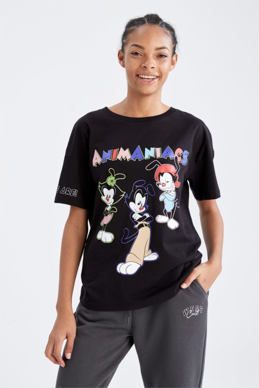 Kadın Siyah Coool Regular Fit Bisiklet Yaka Baskılı Kısa Kollu %100 Pamuk Tişört