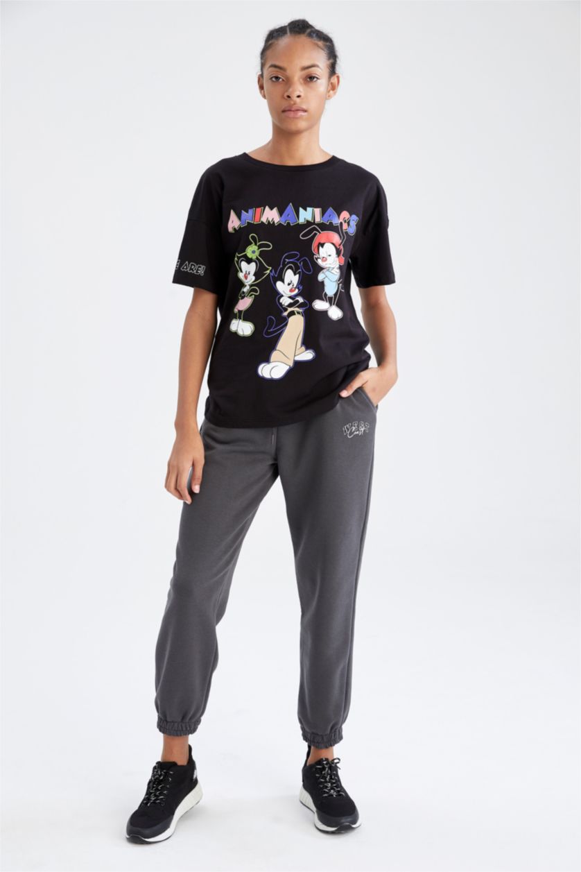 Kadın Siyah Coool Regular Fit Bisiklet Yaka Baskılı Kısa Kollu %100 Pamuk Tişört