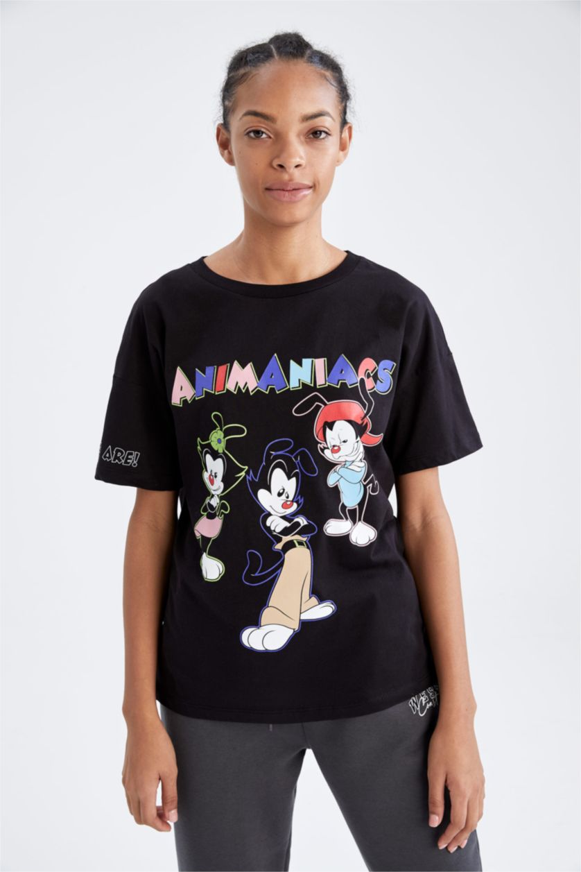 Kadın Siyah Coool Regular Fit Bisiklet Yaka Baskılı Kısa Kollu %100 Pamuk Tişört