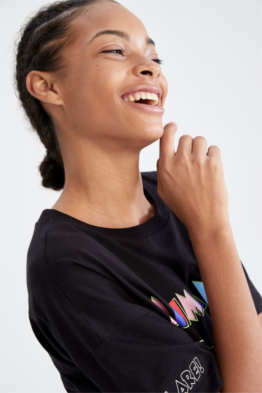 Kadın Siyah Coool Regular Fit Bisiklet Yaka Baskılı Kısa Kollu %100 Pamuk Tişört