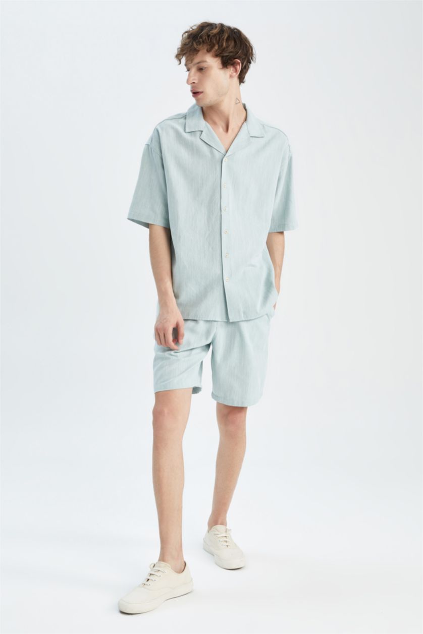 رجال أخضر قميص قطن اوفر سايز نص كم وياقة جاكيت