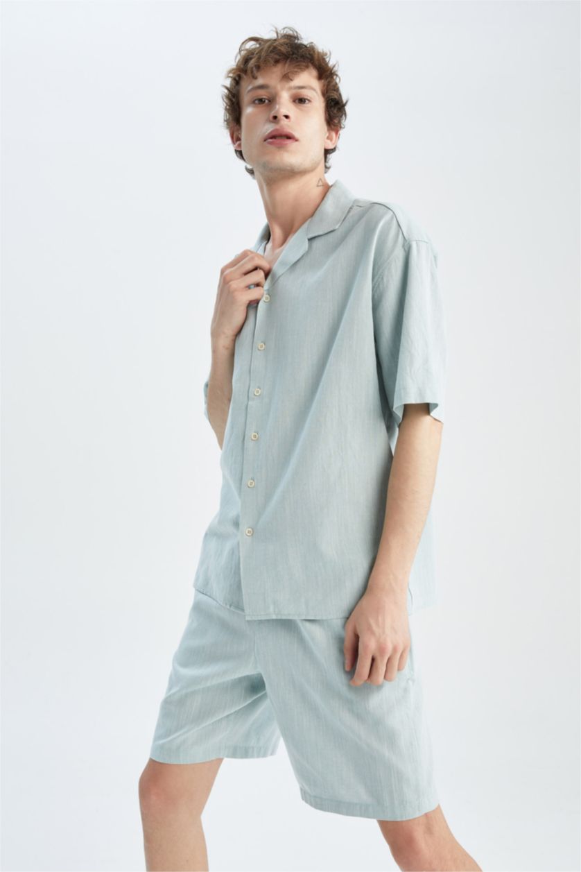 رجال أخضر قميص قطن اوفر سايز نص كم وياقة جاكيت