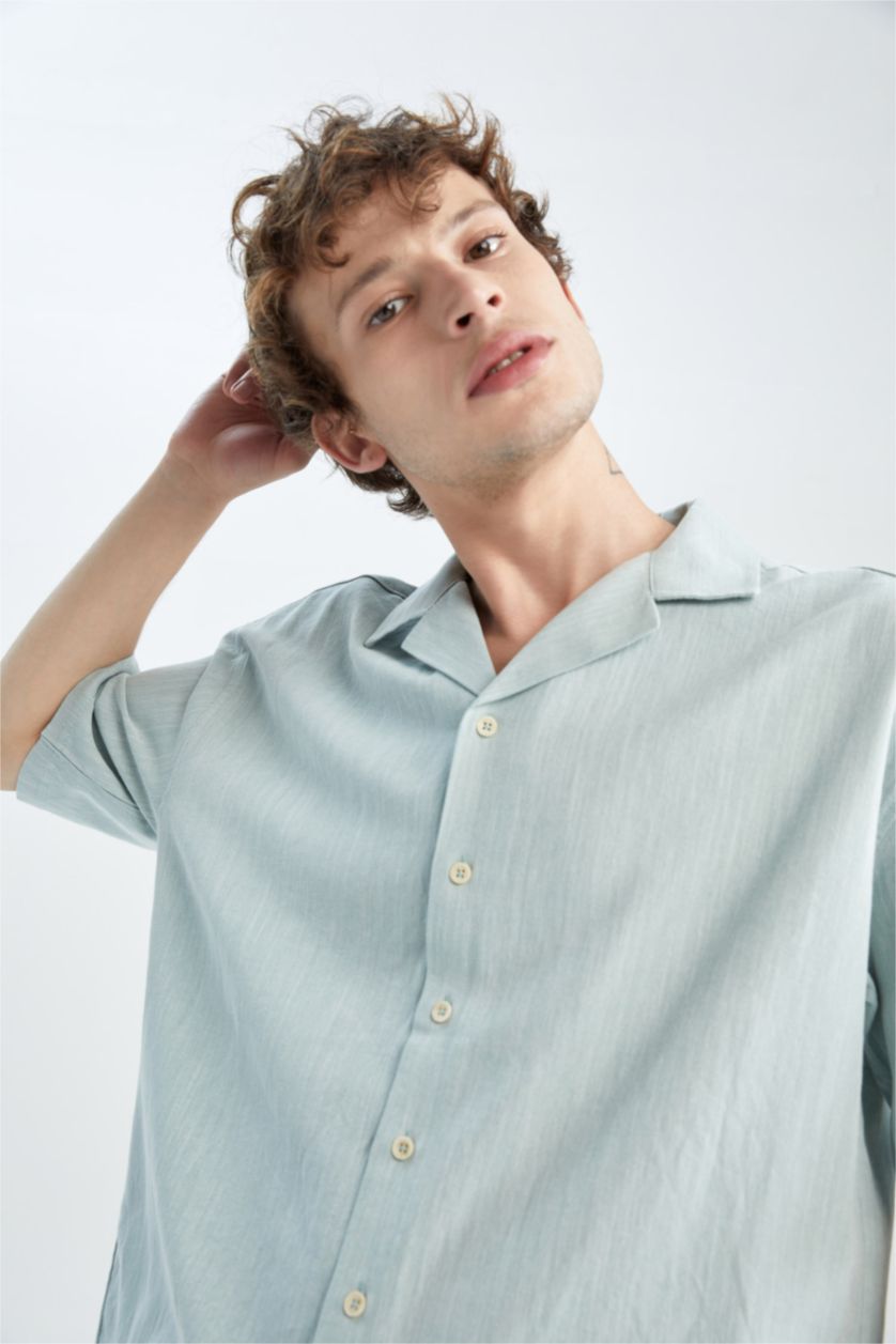 رجال أخضر قميص قطن اوفر سايز نص كم وياقة جاكيت