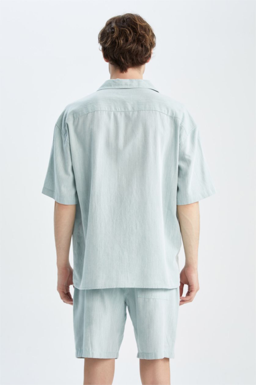 رجال أخضر قميص قطن اوفر سايز نص كم وياقة جاكيت