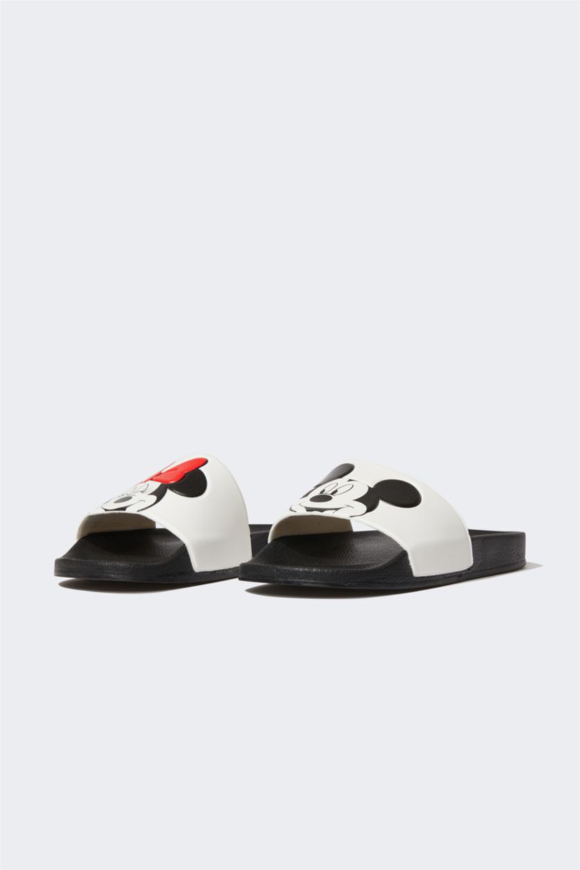 Kadın Siyah Kadın Disney Mickey & Minnie Düz Taban Tek Bantlı Suni Deri Terlik