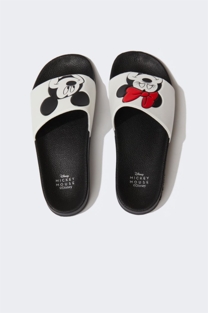 Kadın Siyah Kadın Disney Mickey & Minnie Düz Taban Tek Bantlı Suni Deri Terlik