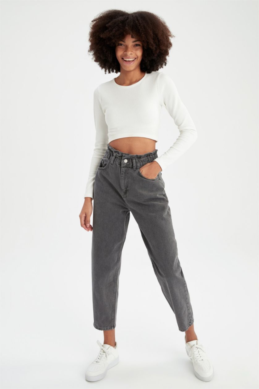 Женщины Серый High Waist Paperbag Fit Trousers
