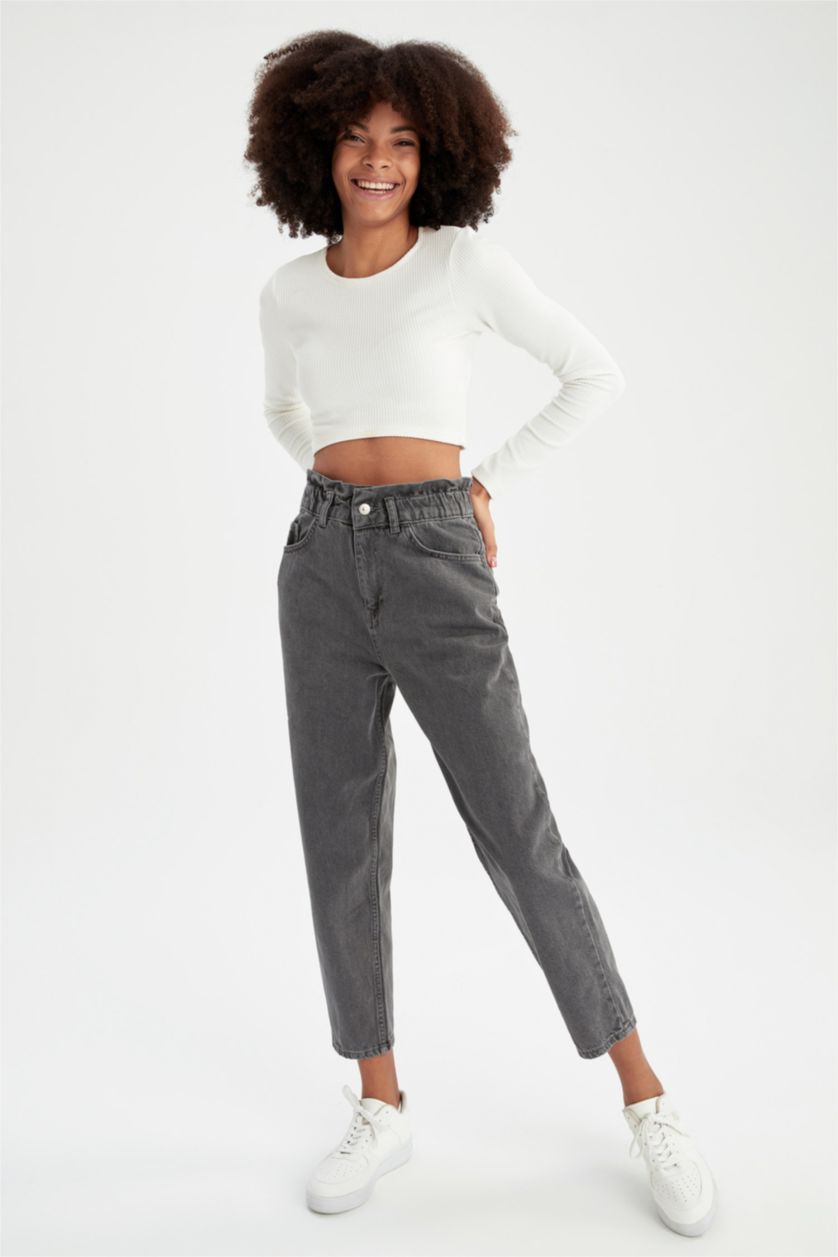 Женщины Серый High Waist Paperbag Fit Trousers