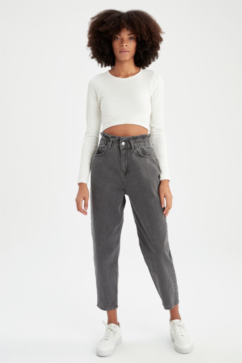 Женщины Серый High Waist Paperbag Fit Trousers