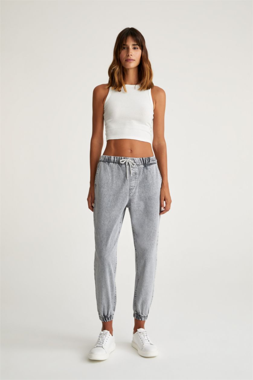 Kadın Gri Yüksek Bel Jogger Fıt Pantolon
